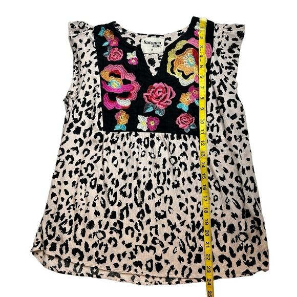 Savanna Jane Leopard Top Womens Size M Floral Embroidered Ruffled Multicolor - Picture 8 of 11